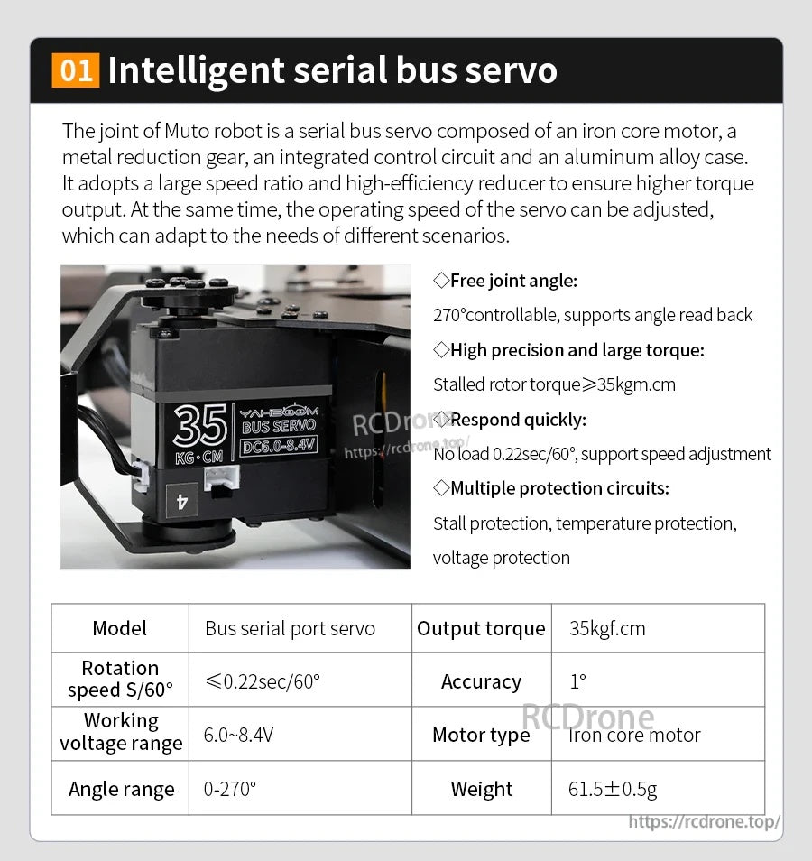 Intelligent serial bus servo for Yahboom Muto S2 hexapod, 0–270° range, 35kgf·cm torque, 6–8.4V