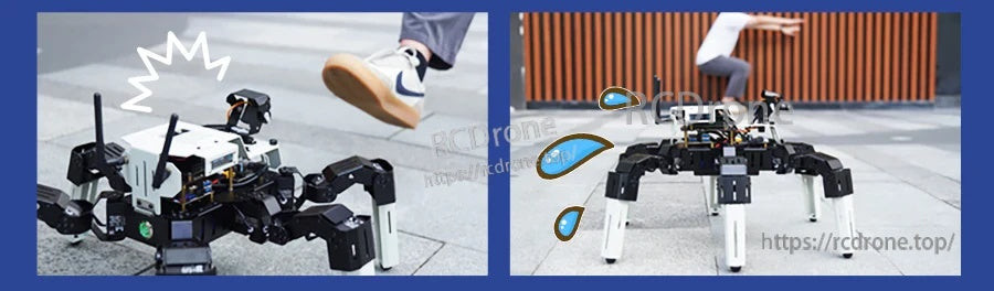 Obstacle/impact reaction demos with hexapod responding to a foot near it and maintaining balance while moving