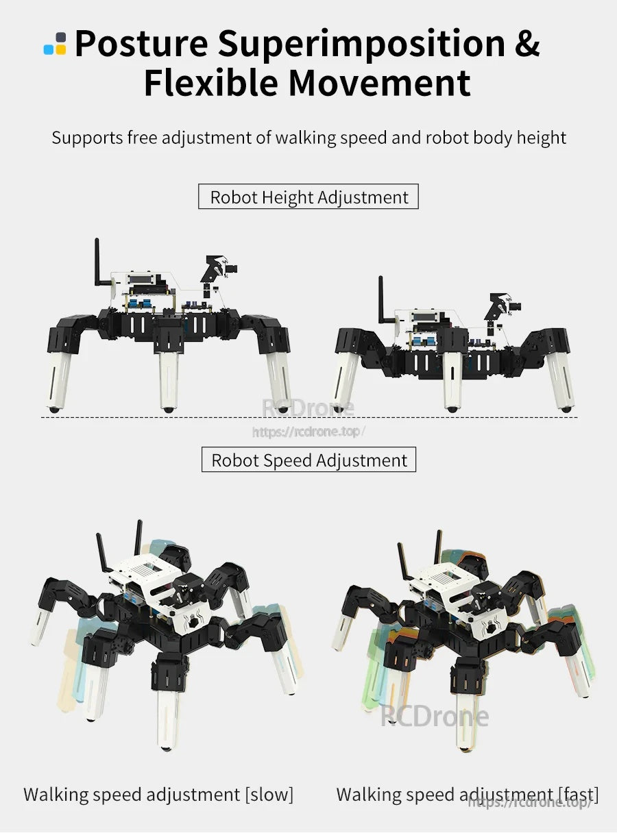 Posture and movement adjustment chart showing robot height adjustment and slow/fast walking speed settings