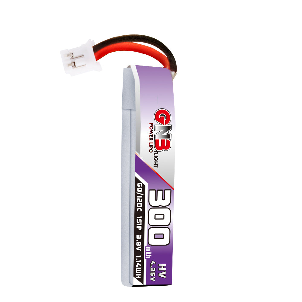GNB 300mAh 1S LiHV battery standing side profile with PH2.0 connector and red/black wires