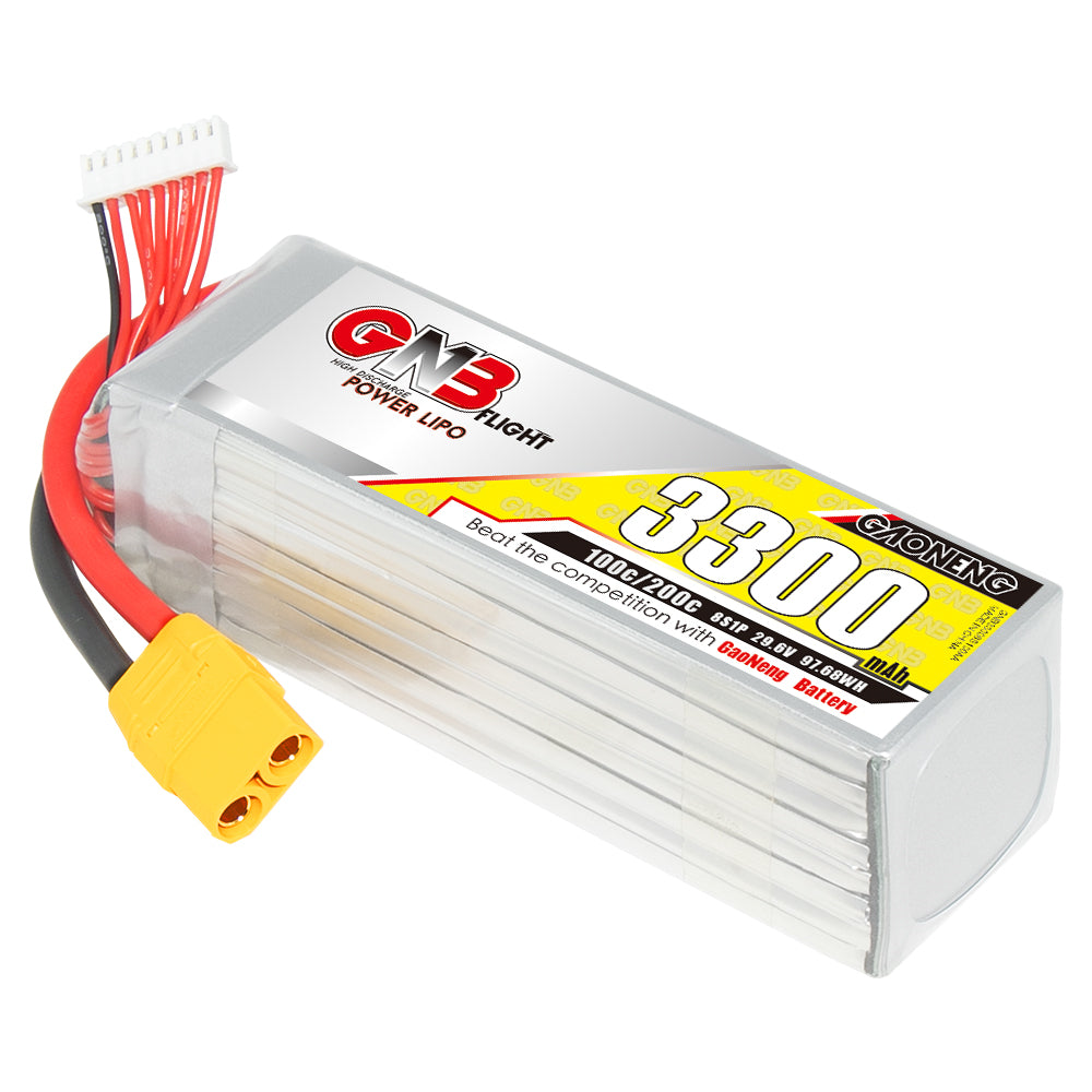 GAONENG GNB 8S 29.6V 3300mAh 100C LiPo battery with XT90 connector and balance lead, angled view