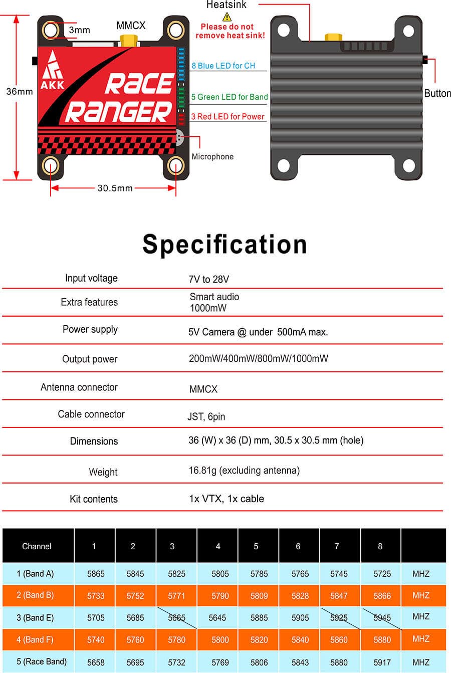 AKK Race Ranger 1W 5.8G VTX (US Version) - 2-6S 200mW/400mW/800mW/1000mW Power Switchable FPV Video Transmitter Support Smart Audio 6 AKK Race Ranger 1W 5.8G VTX, AKK Race Ranger 1W 5.8