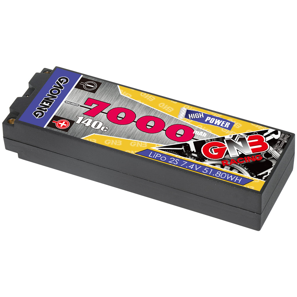 GAONENG GNB 7000mAh 140C hard case LiPo battery, top label view showing LiPo 2S 7.4V 51.80Wh