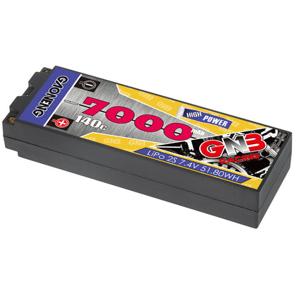 GAONENG GNB 7000mAh 140C hard case LiPo battery, top label view showing LiPo 2S 7.4V 51.80Wh