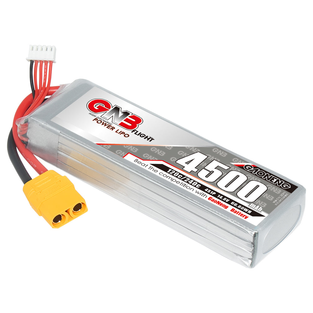 GNB 4S 4500mAh 120C LiPo battery with XT90 connector and balance lead, angled view