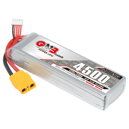 GNB 4S 4500mAh 120C LiPo battery with XT90 connector and balance lead, angled view