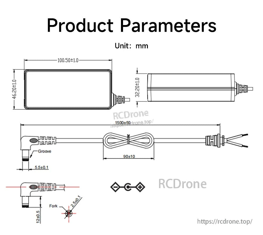 Dimension drawing for the power supply and cable, including DC plug measurements and center-positive polarity symbol