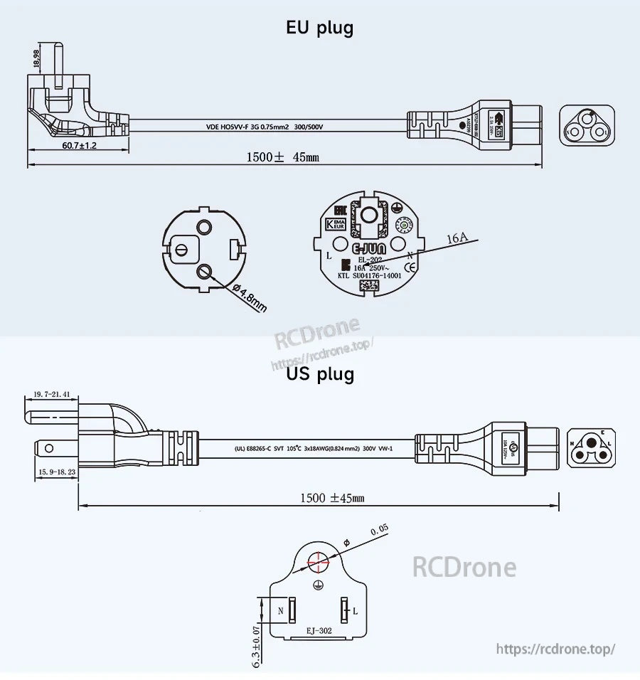 EU plug and US plug power cord dimension drawings, each with 1500±45mm cable length