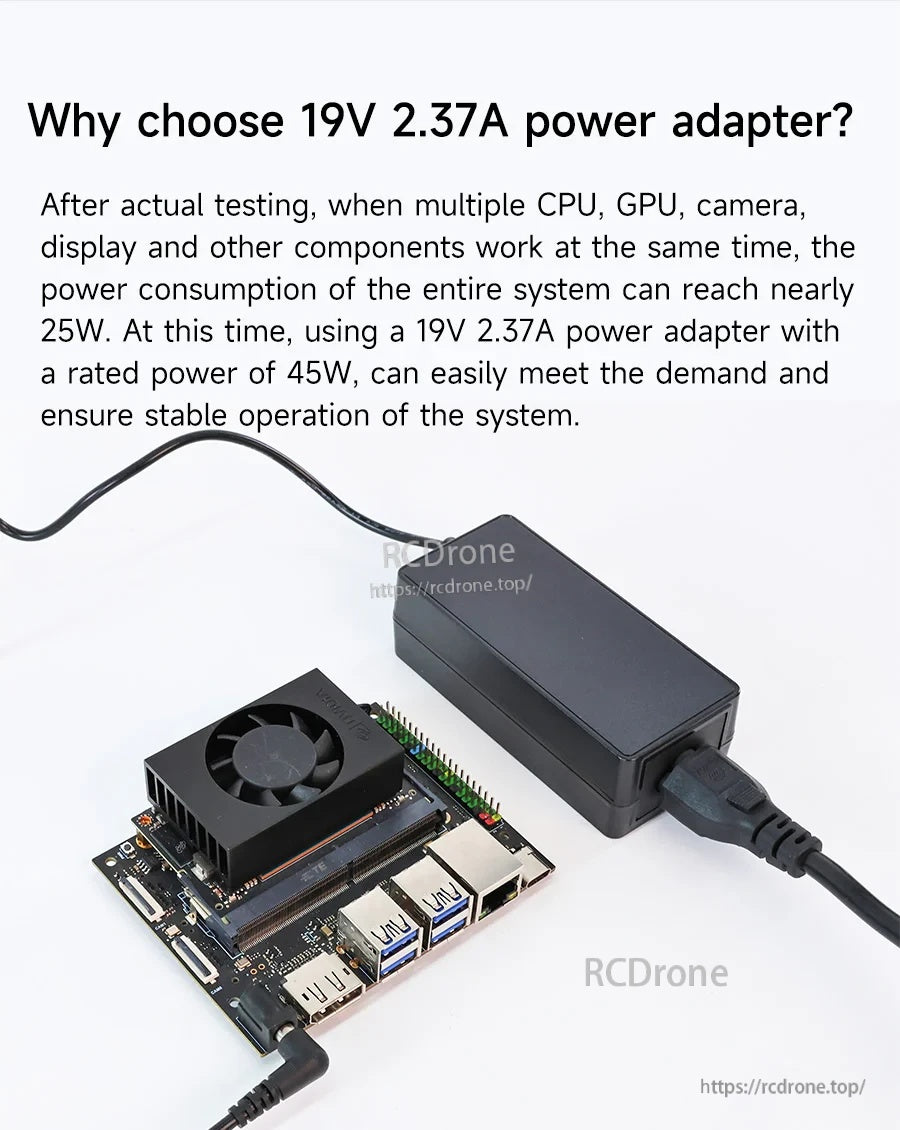 19V 2.37A power adapter connected to a Jetson dev board, with note about 45W rated output for stable operation