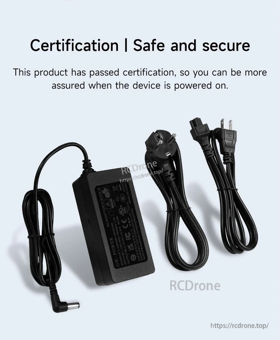 GW-POWER 19V 2.37A AC adapter set with power brick and AC power cords, highlighting certified safe operation