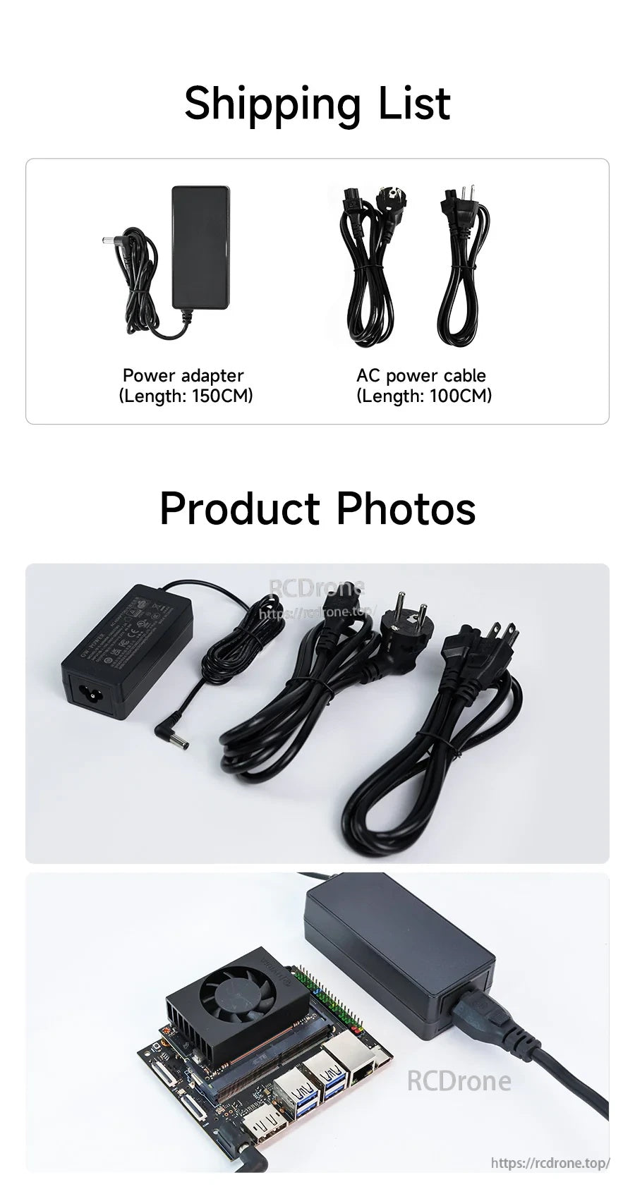 Shipping list includes power adapter and AC power cable, plus additional product photos with Jetson board connection
