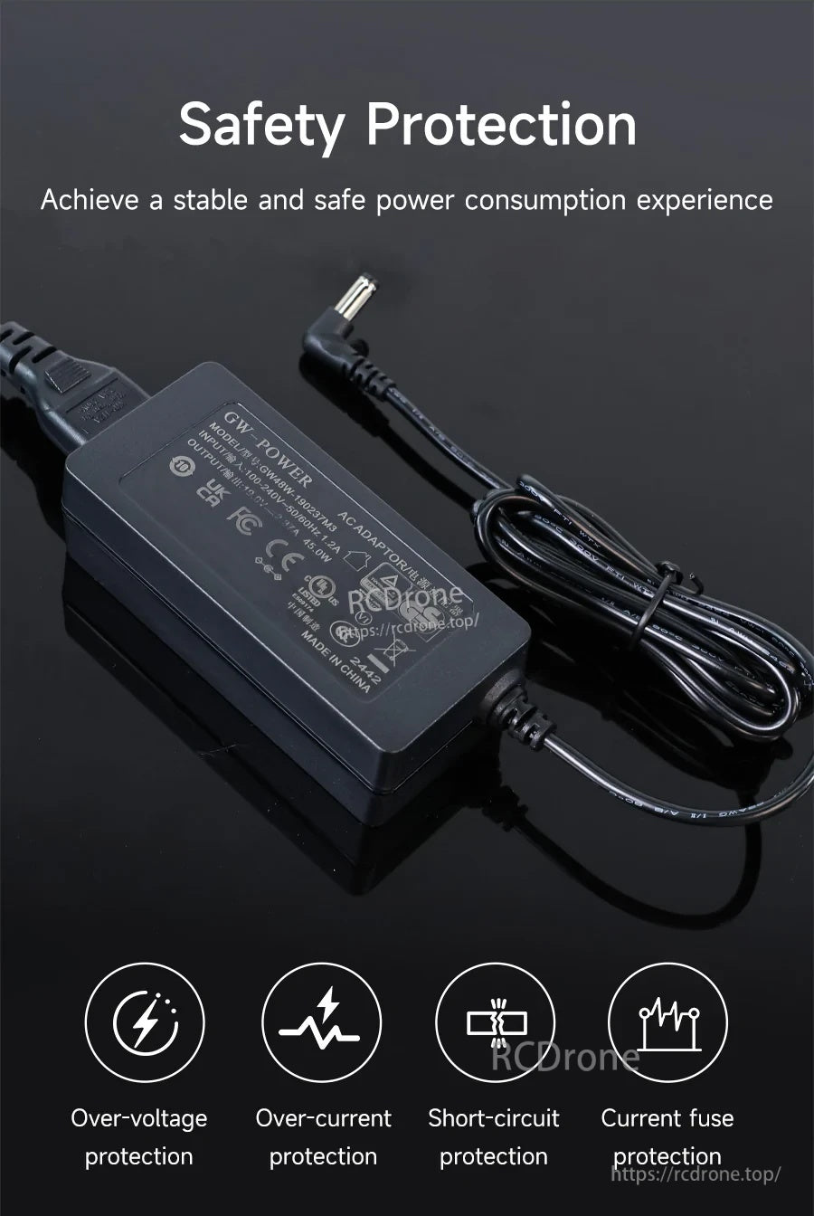 GW-POWER power adapter with icons for over-voltage, over-current, short-circuit, and current-fuse protection