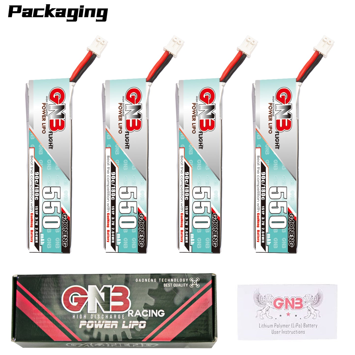 Packaging contents shown: 4× GNB 550mAh 1S batteries plus retail box and user instructions card