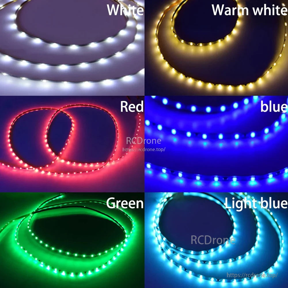 Color options for the 1m dream color LED strip: white, warm white, red, blue, green, and light blue