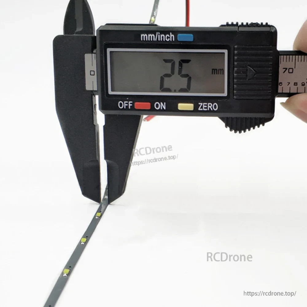 Digital caliper measuring LED strip width at 2.5 mm for the slim non-waterproof light strip