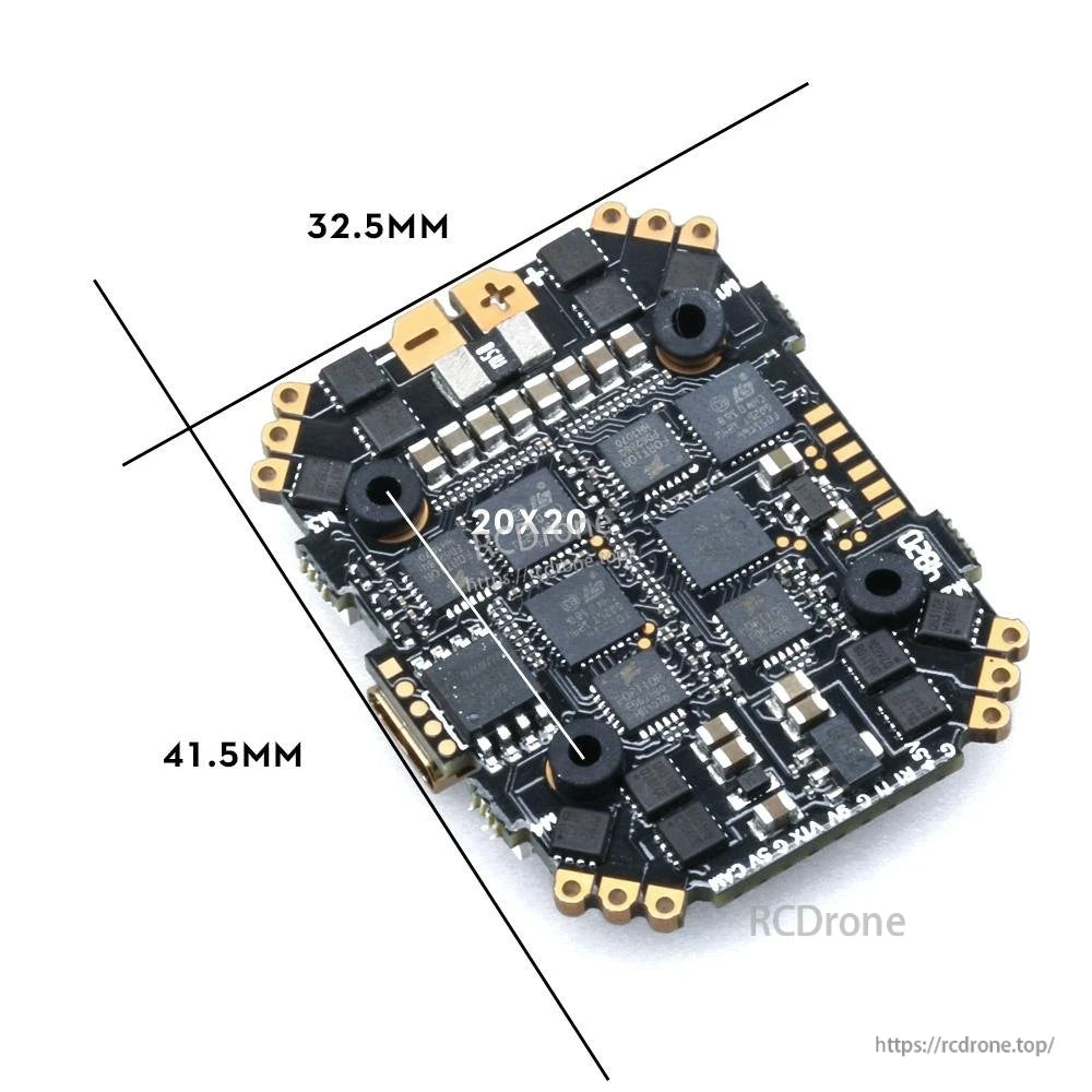 Flywoo GOKU HD745 EVO AIO flight controller board with 20x20 mounting pattern and 32.5 x 41.5 mm size