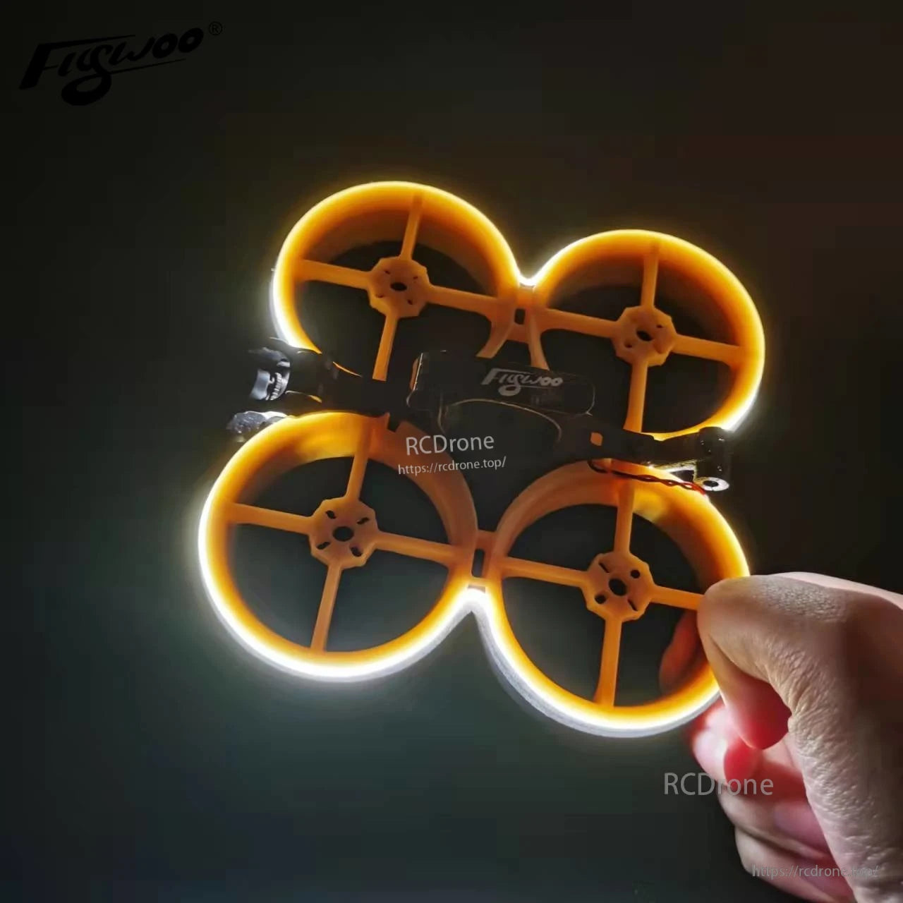 1PC DC12V Neon LED Strip Light, Ducted quadcopter frame with bright white and amber LED ring lights around four circular prop guards