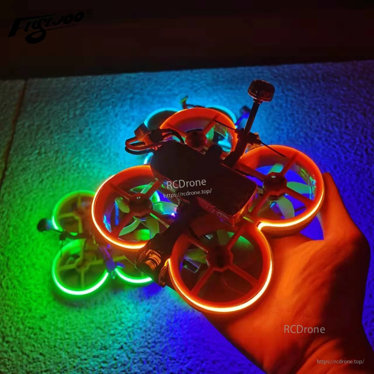 1PC DC12V Neon LED Strip Light, Mini drone with bright neon LED ring lights around the prop guards, glowing red, green, and blue