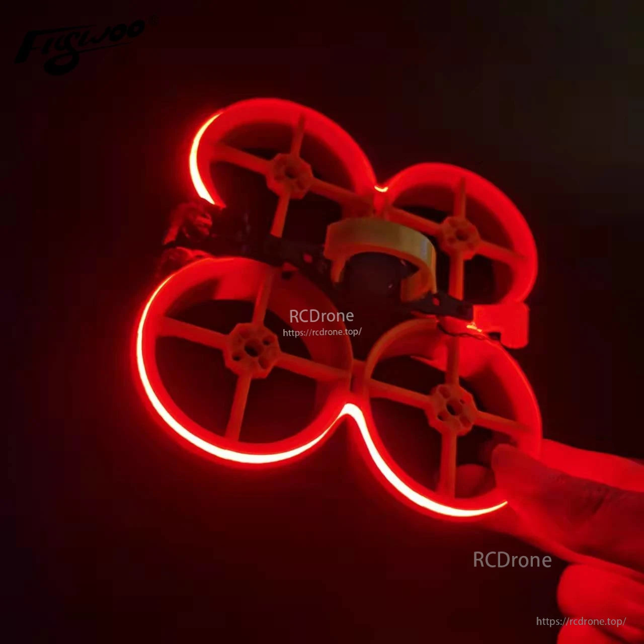 1PC DC12V Neon LED Strip Light, Red neon-style LED strip light glowing around the ducts of a small FPV whoop quadcopter frame