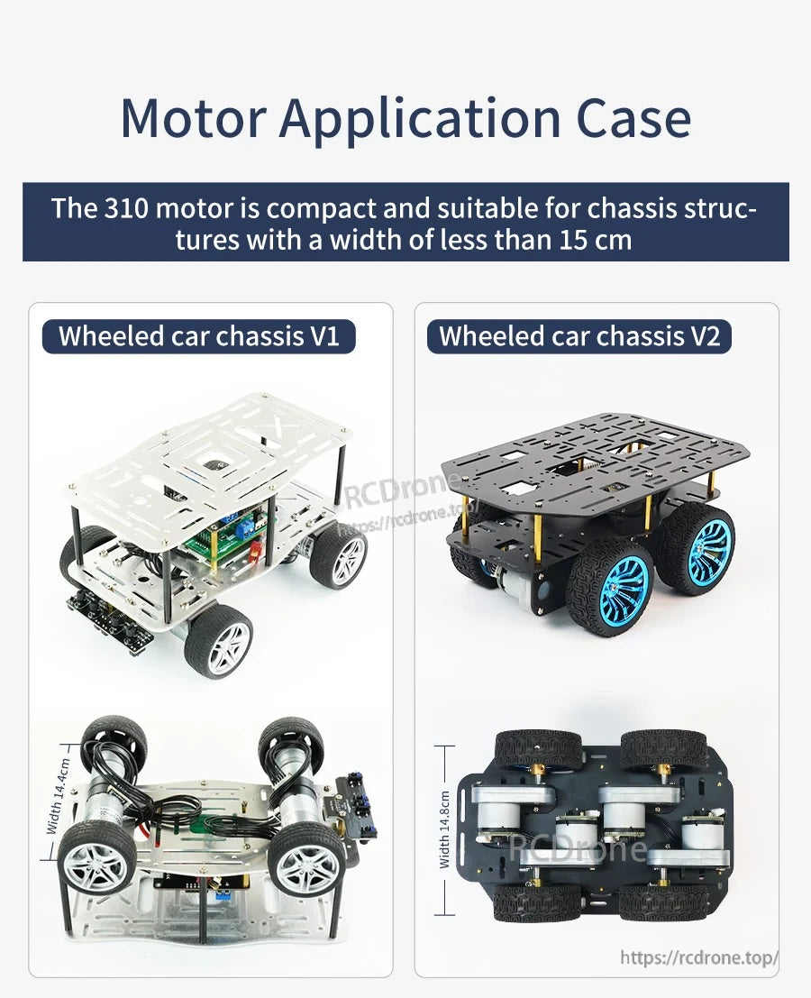Motor application examples showing wheeled car chassis V1 and V2 platforms suitable for compact 310 motors