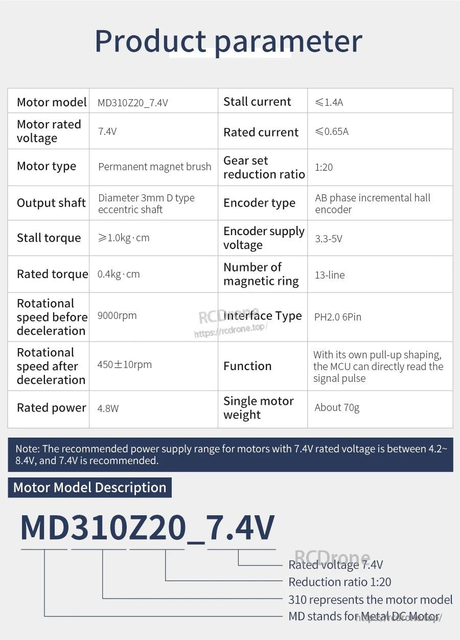 MD310Z20_7.4V product parameter table showing current, torque, 1:20 ratio, 13‑line ring and PH2.0 6‑pin