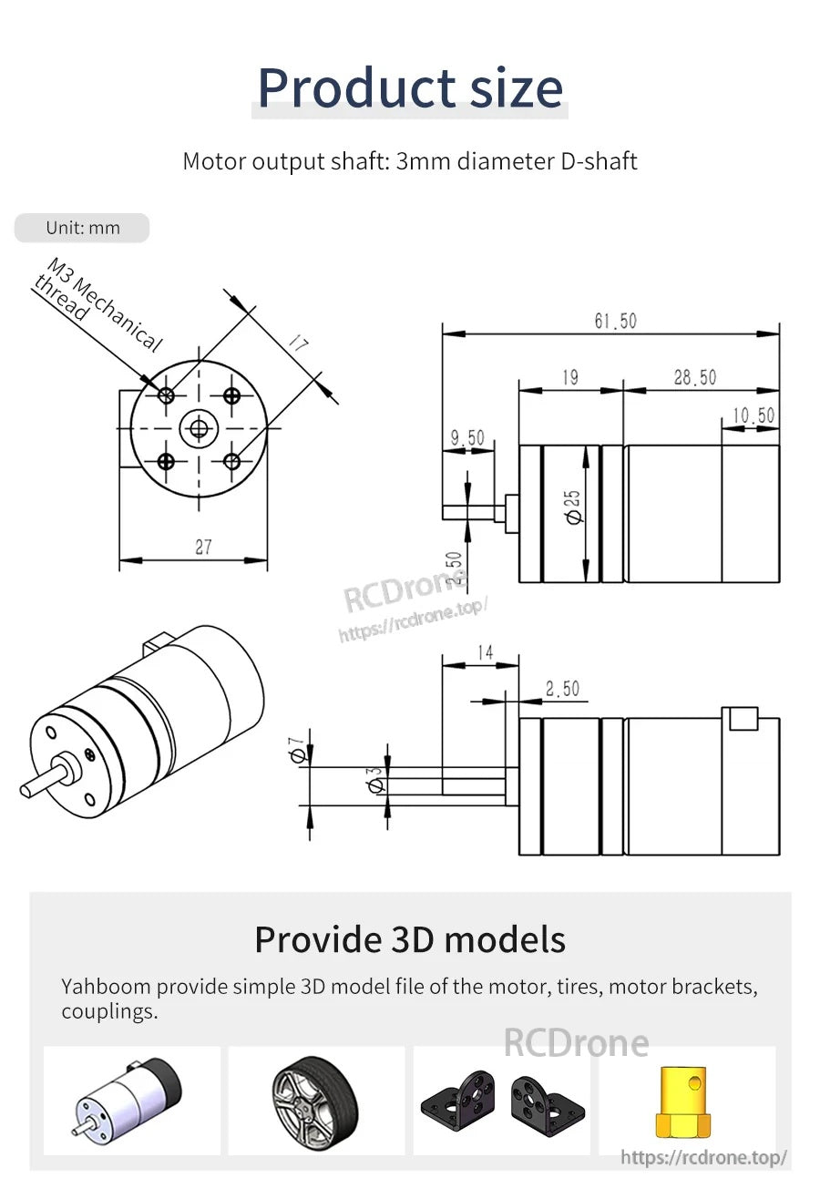 Mechanical dimension drawing for MD310Z20 motor with 3mm D‑shaft, 61.5mm length and mounting hole layout