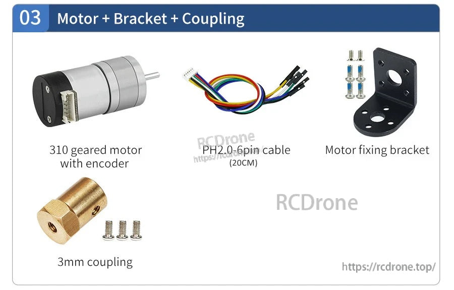 Yahboom MD310Z20 7.4V DC geared motor with encoder kit, PH2.0 6‑pin cable, bracket, coupling and screws