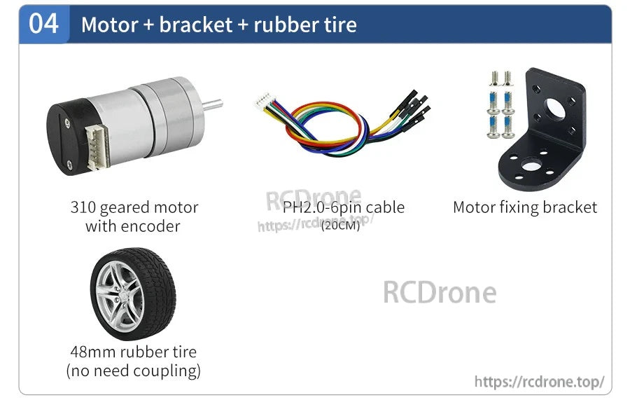 310 geared DC motor with encoder, PH2.0 6-pin cable, motor fixing bracket, screws, and 48mm rubber tire