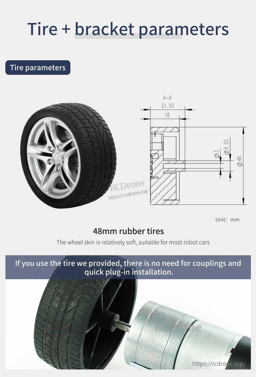Tire and bracket parameters graphic with 48mm rubber wheel dimensions and motor installed on wheel hub