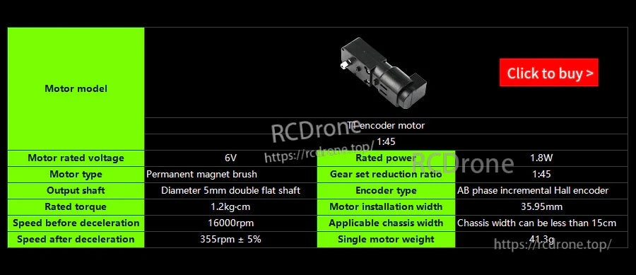 Specification comparison graphic for a 6V encoder motor with 1:45 gear reduction and AB Hall encoder