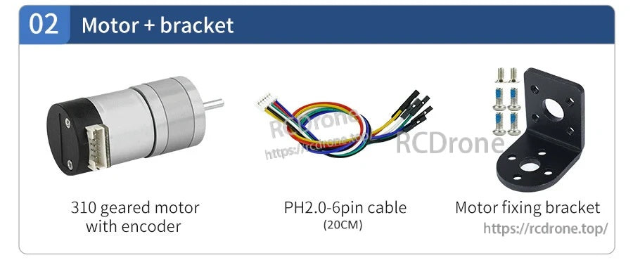 Yahboom MD310Z20 310 geared DC motor with encoder, PH2.0 6-pin cable, and mounting bracket kit