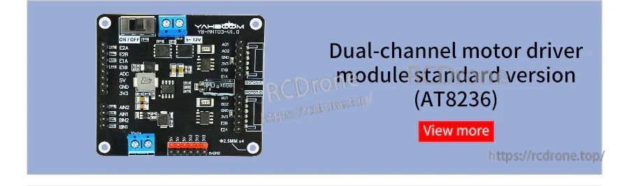 Dual-channel motor driver module board (AT8236) with labeled pin headers, terminals, and mounting holes