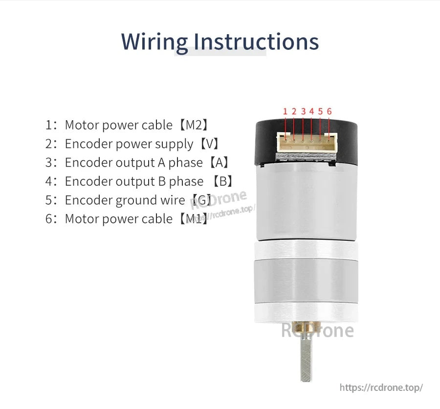 Wiring instructions for Yahboom MD310Z20 7.4V DC gear motor with 6-pin connector pinout (M1/M2, V, A, B, G).