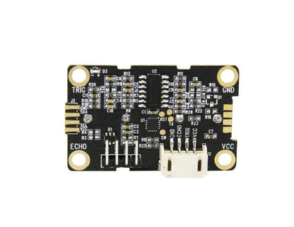 YB-MVU04 ultrasonic sensor PCB back view showing components and 4-pin connector with TRIG/ECHO/VCC/GND