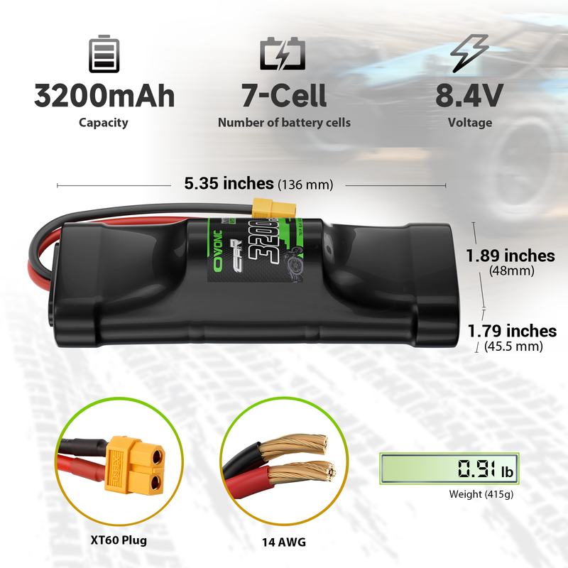 2× OVONIC 8.4V 3200mAh 7-cell hump NiMH battery specs: 5.35in length, XT60 plug, 14AWG, 0.91lb