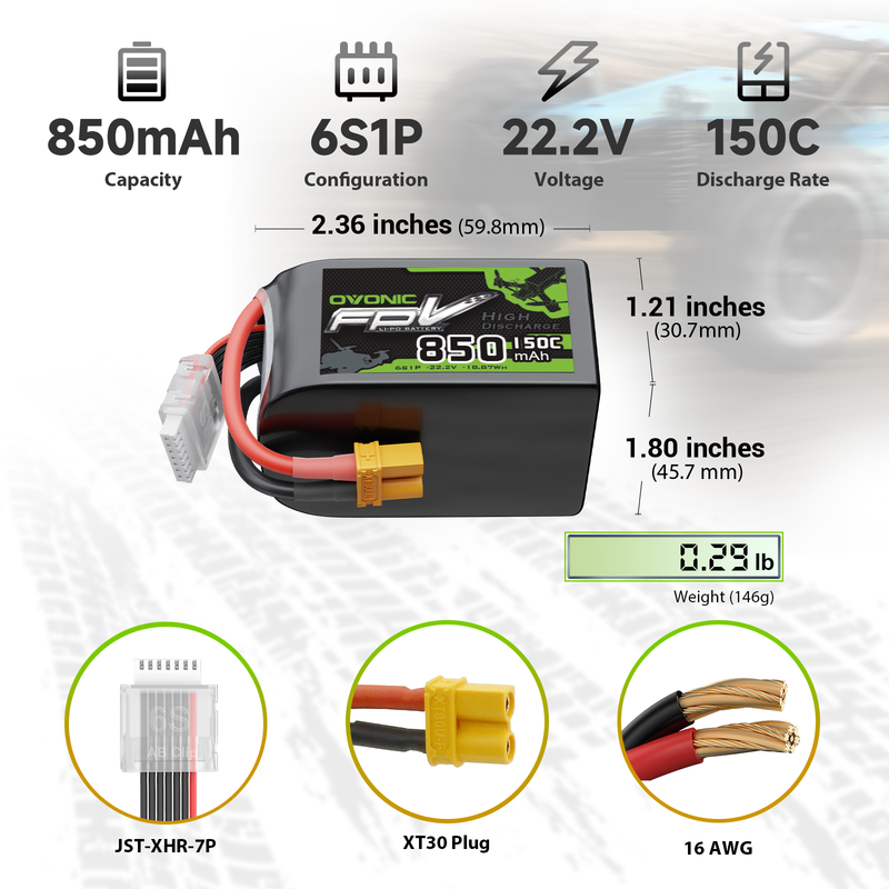 OVONIC 22.2V 6S 850mAh 150C LiPo battery size and weight diagram with XT30 and JST-XHR-7P leads