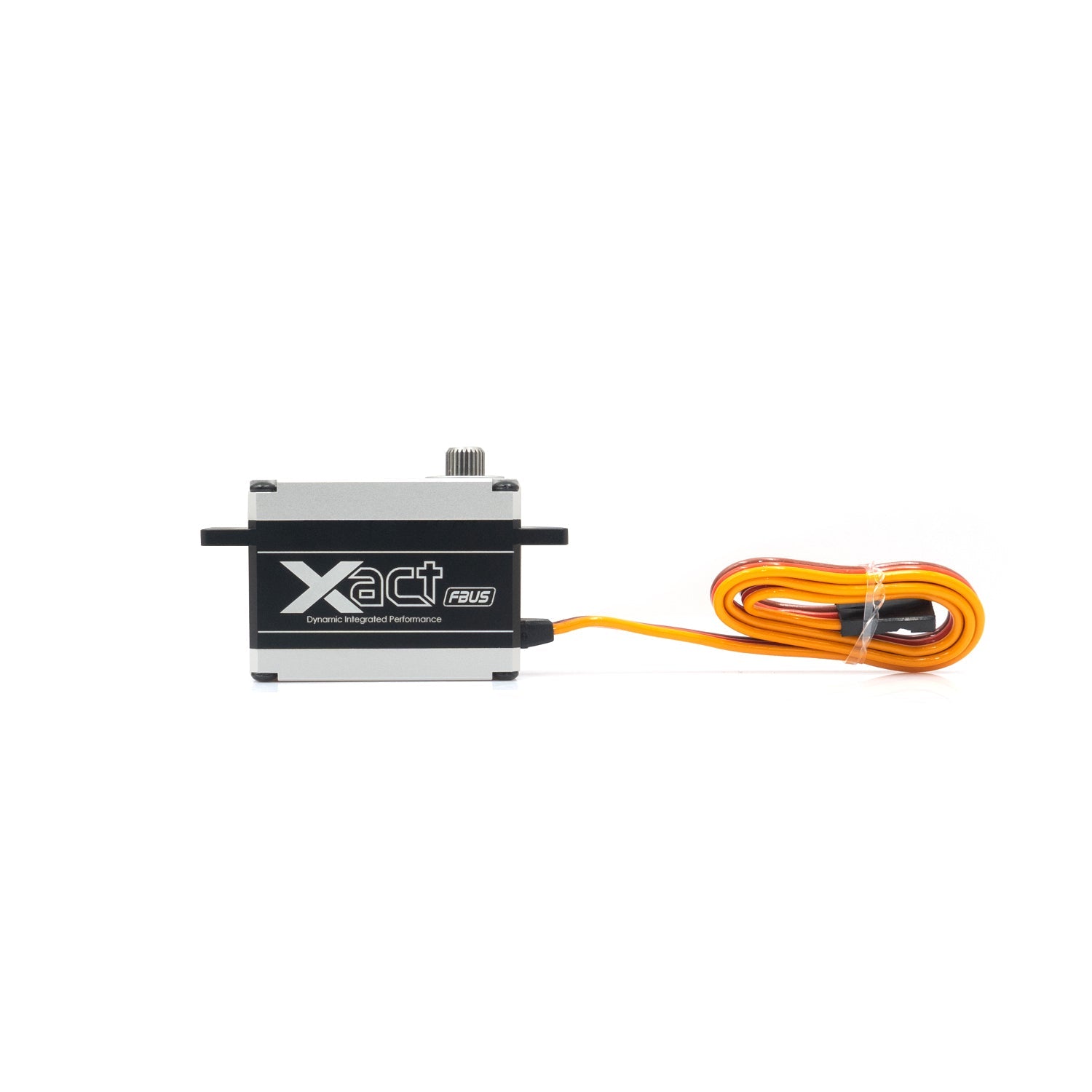 Xact FBUS standard-size RC servo side view showing mounting tabs, aluminum case, and coiled orange cable