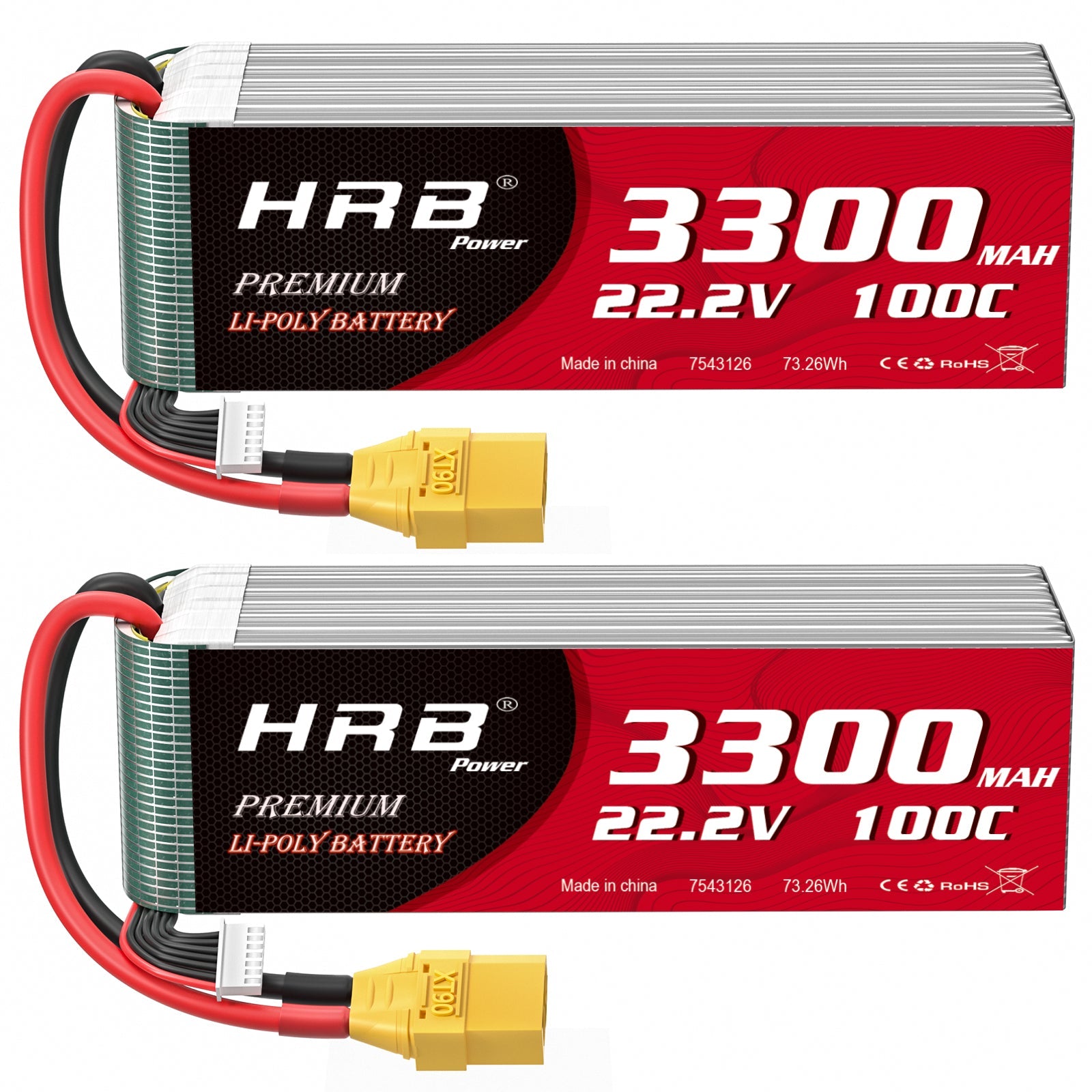 HRB 6S 3300mAh 22.2V LiPo battery twin pack with XT90 plug and balance lead