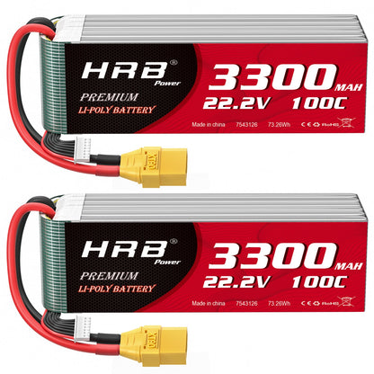 HRB 6S 3300mAh 22.2V LiPo battery twin pack with XT90 plug and balance lead