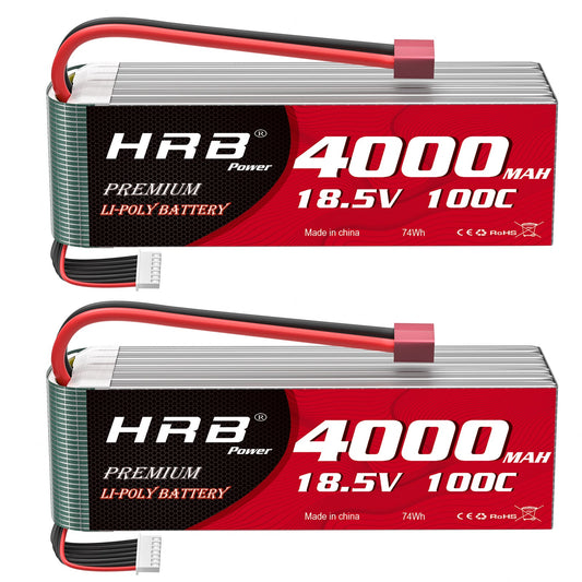 HRB 5S 18.5V 4000mAh 100C LiPo battery 2-pack, side label view with leads and balance plug