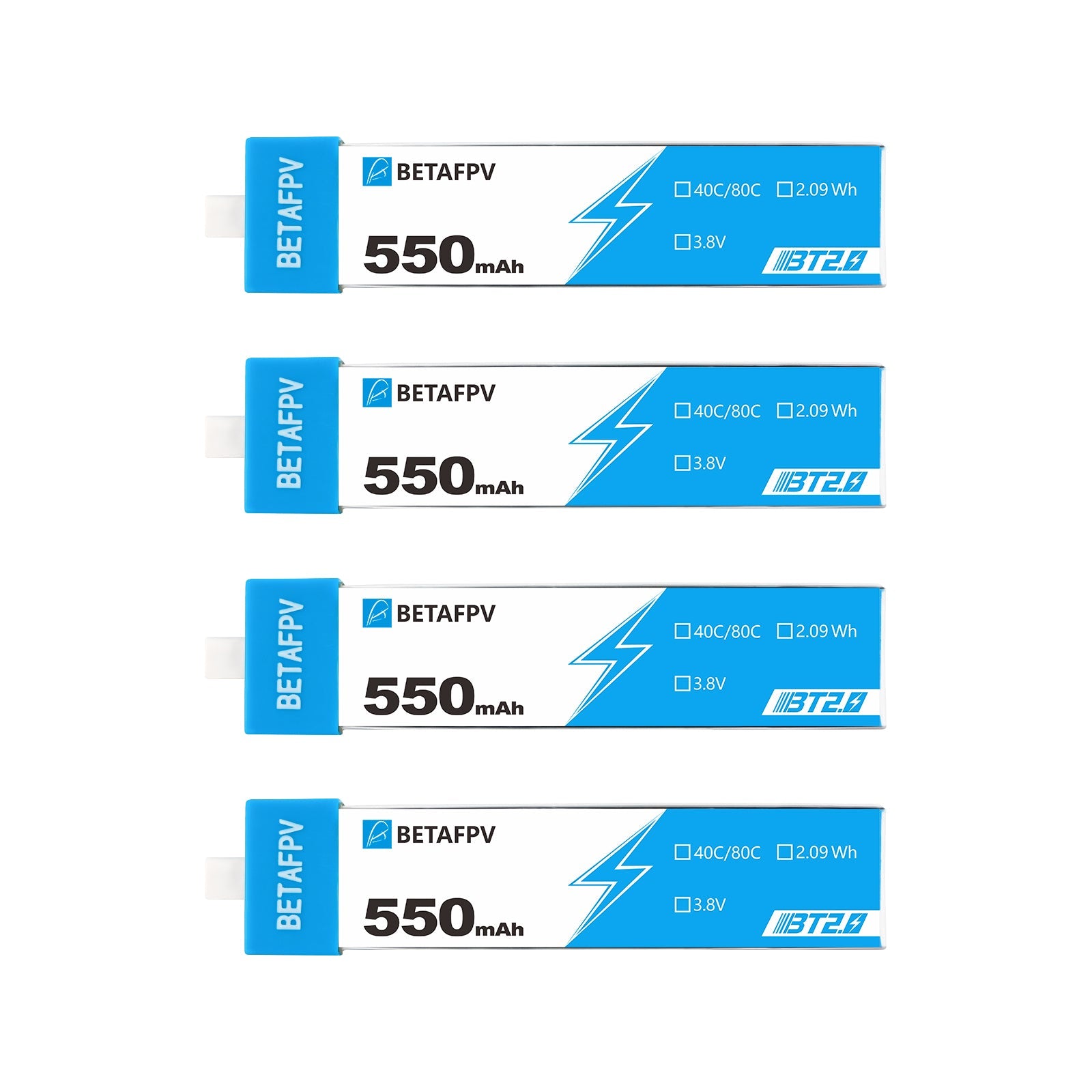 BetaFPV BT2.0 550mAh 1S LiHV Battery 4-pack, 3.8V 40C/80C 2.09Wh label view