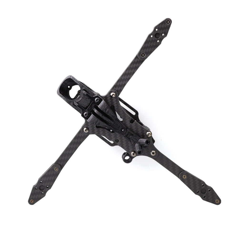 Top-down view of carbon fiber Y6 FPV drone frame layout with four arms and center stack area
