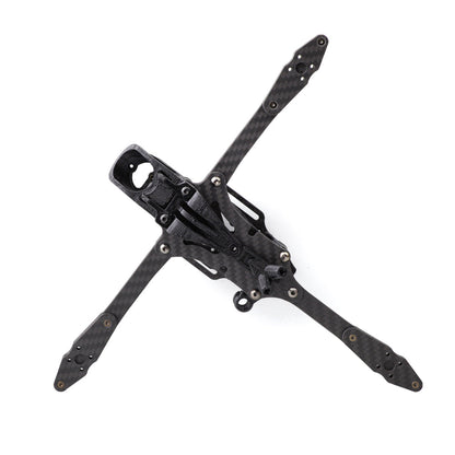 Top-down view of carbon fiber Y6 FPV drone frame layout with four arms and center stack area