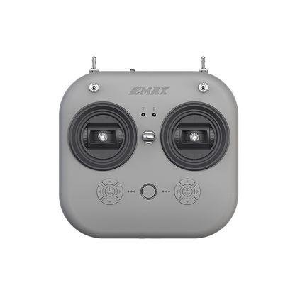 EMAX E8 2.4GHz 8CH remote transmitter for FPV drones, front view with dual gimbals