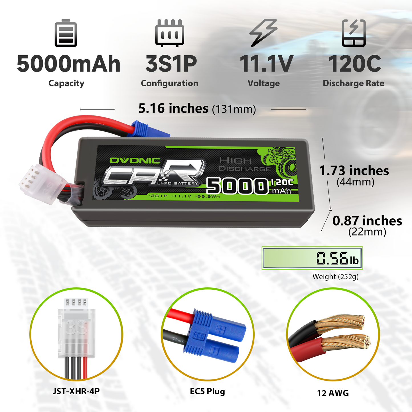 OVONIC 3S LiPo Battery specs infographic: 5000mAh 3S1P 11.1V 120C, size 131×44×22mm, 252g, EC5