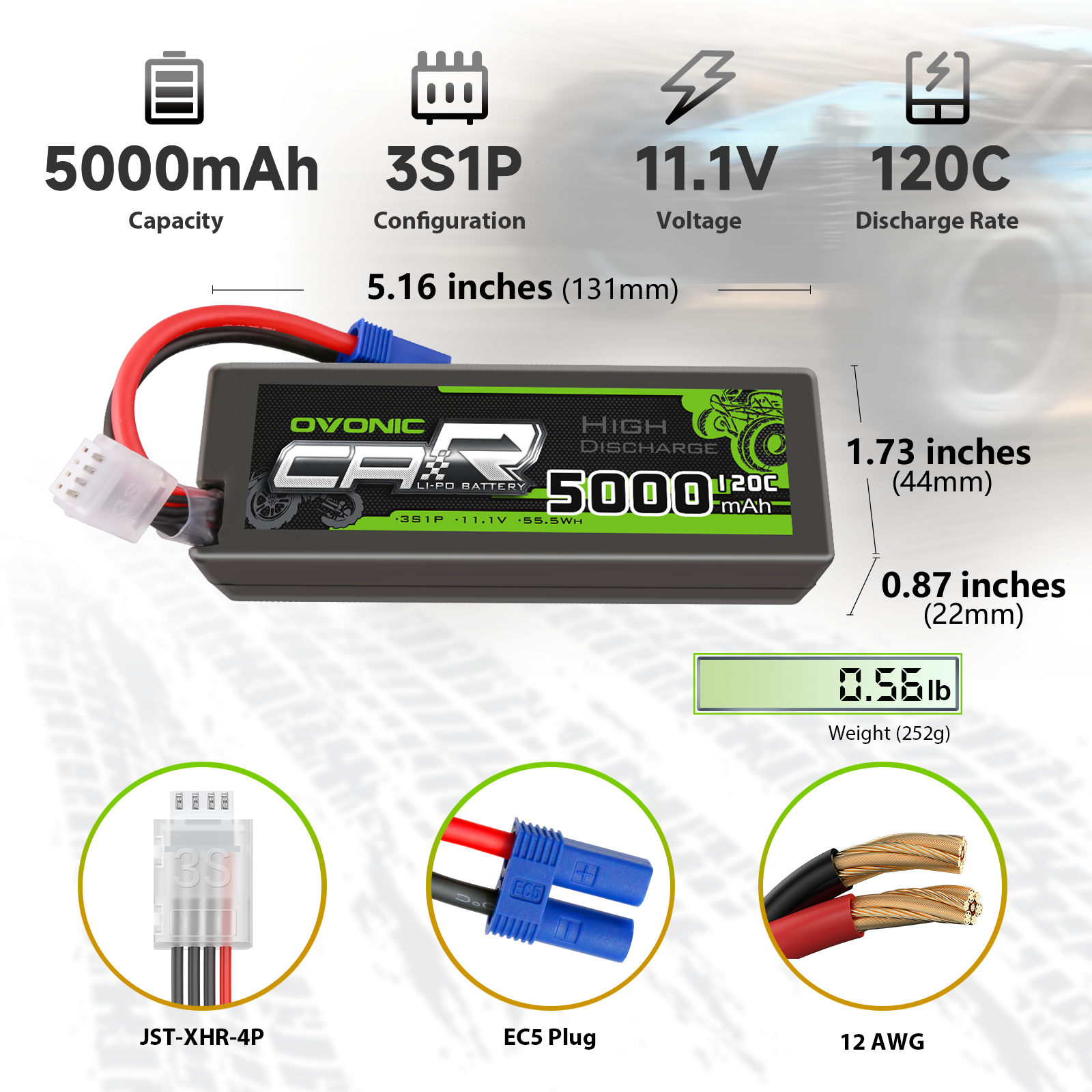 OVONIC 3S LiPo Battery specs infographic: 5000mAh 3S1P 11.1V 120C, size 131×44×22mm, 252g, EC5