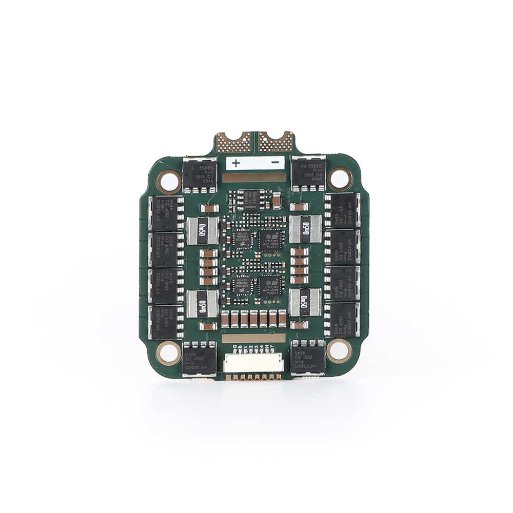 MAD AM32 100A 3-12S 4in1 ESC, MAD AM32 4-in-1 ESC board with + and - battery pads, four mounting holes, and MOSFET layout
