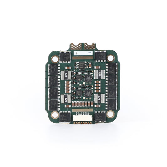 MAD AM32 100A 3-12S 4in1 ESC, MAD AM32 4-in-1 ESC board with + and - battery pads, four mounting holes, and MOSFET layout