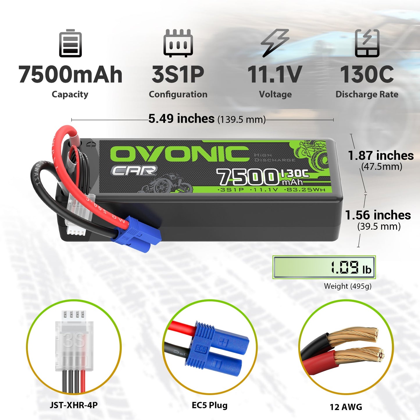 7500mAh 3S1P 11.1V 130C LiPo battery size chart with dimensions, weight, EC5 plug and JST-XHR balance lead