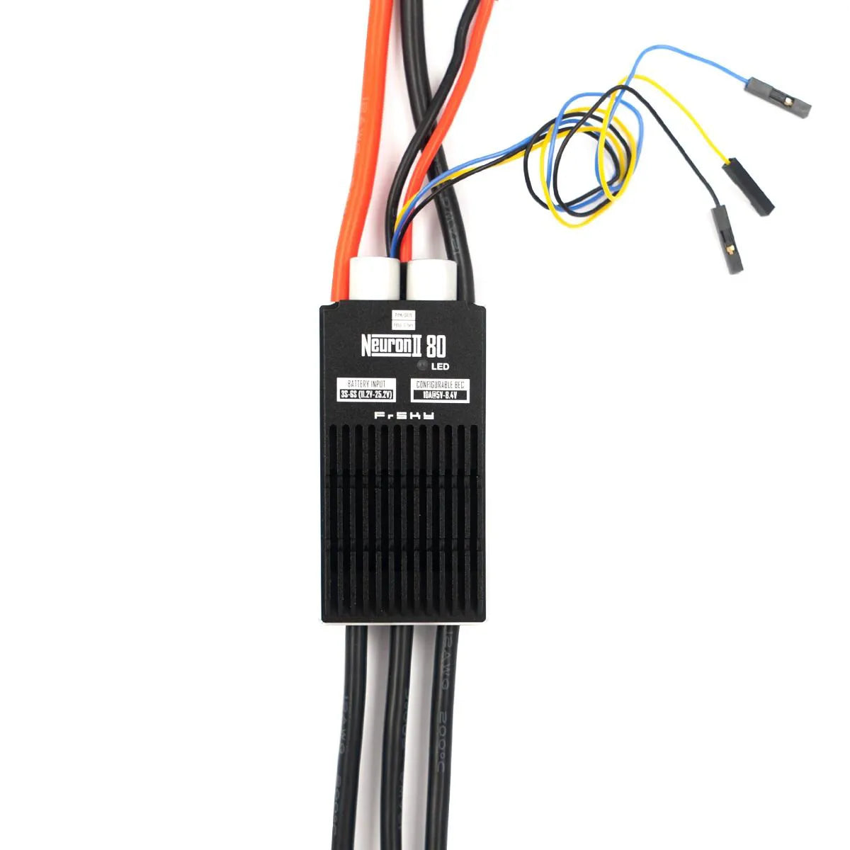 FrSky Neuron II 80A ESC top view with heatsink case and multiple power and signal wires